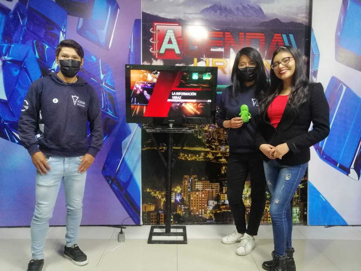 ¡iGEMers en los medios!
Agradecemos a Canal 51 Solidaria y Radio Desafio FM 103, por el espacio abierto para dar a conocer #iGEMBolivia y lo que se logró en la competencia del 2021. Arsenito estuvo de paseo presumiendo su medalla de oro y los dos premios especiales.#synbioBolivia