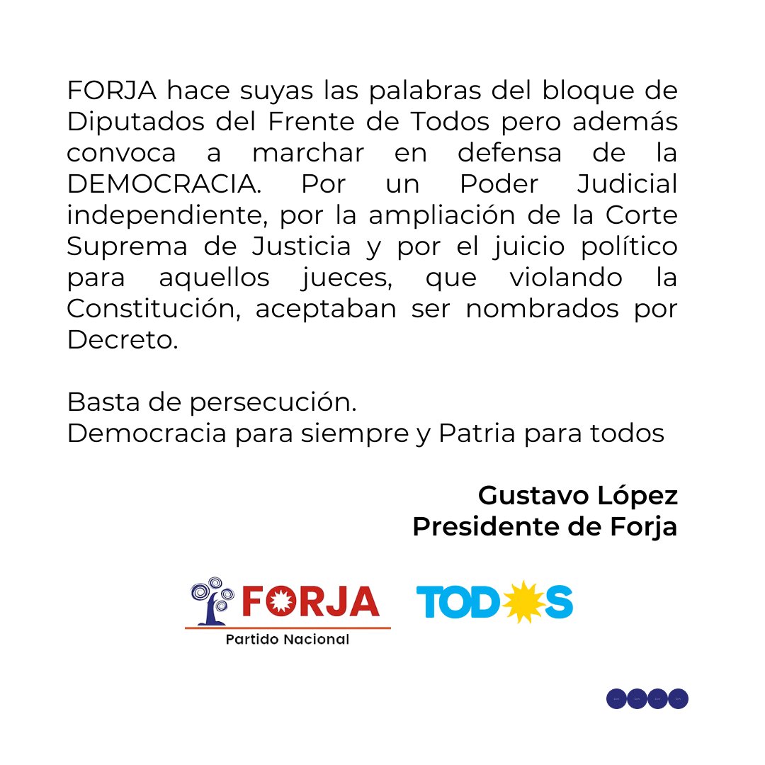 gustavoflopez's tweet photo. 📢 Comunicado de FORJA sobre la situación de la Vicepresidenta Cristina Fernández de Kirchner.
.
BASTA DE PERSECUCIÓN
.
Lee el comunicado completo. https://t.co/lUy2TrsCKV