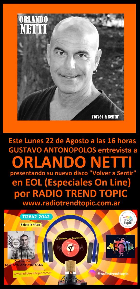 Hoy estaré con <a href="/gusantonopolos/">Gustavo Antonopolos</a> en su programa EOL (Especiales On Line), por <a href="/RadioTrendTopic/">RadioTrendTopic</a>, presentando mi nuevo disco "Volver a Sentir". Los esperamos a partir de las 16 horas de Argentina. radiotrentopic.com.ar #entrevista #radio #nuevodisco #VolveraSentir #Argentina