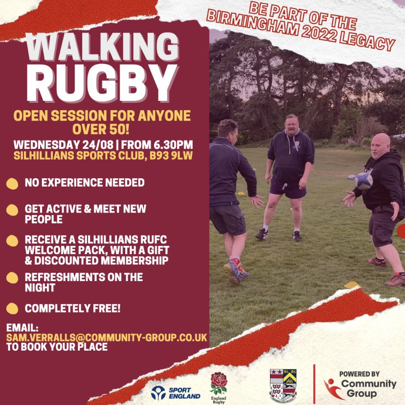 SilsCommunity's tweet image. Be part of the @birminghamcg22 legacy &amp;amp; give a new sport a go with us!

We’re hosting an open Walking Rugby session at @SilhilliansRUFC this Wednesday evening.

Trust us, once you’ve played it once, you’ll be fully invested!

🔌powered by @CommunityGroup5