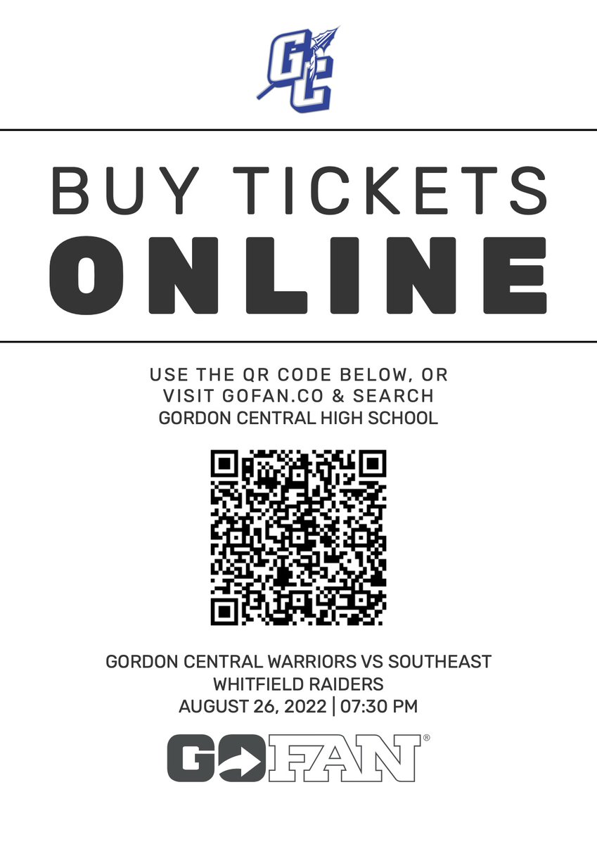 Get your tickets for the HOME football this Friday! You may use the link or the or code below to access the GoFan site to purchase your tickets and avoid the lines. gofan.co/app/events/638…