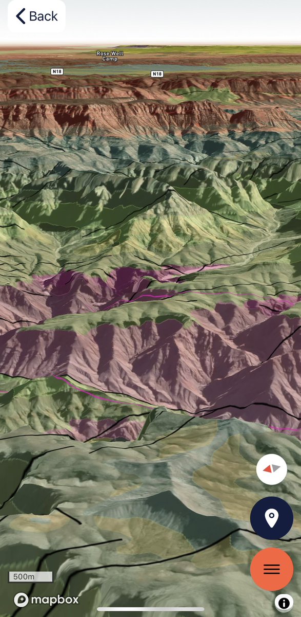 RockdApp's tweet photo. @clasticdetritus Satellite and tilted 3D terrain view isn’t bad either! Two finger scrub up/down to get into oblique view. Magic thanks to @UWMacrostrat geologic maps and @Mapbox wizardry https://t.co/8Y5iWLFOSi
