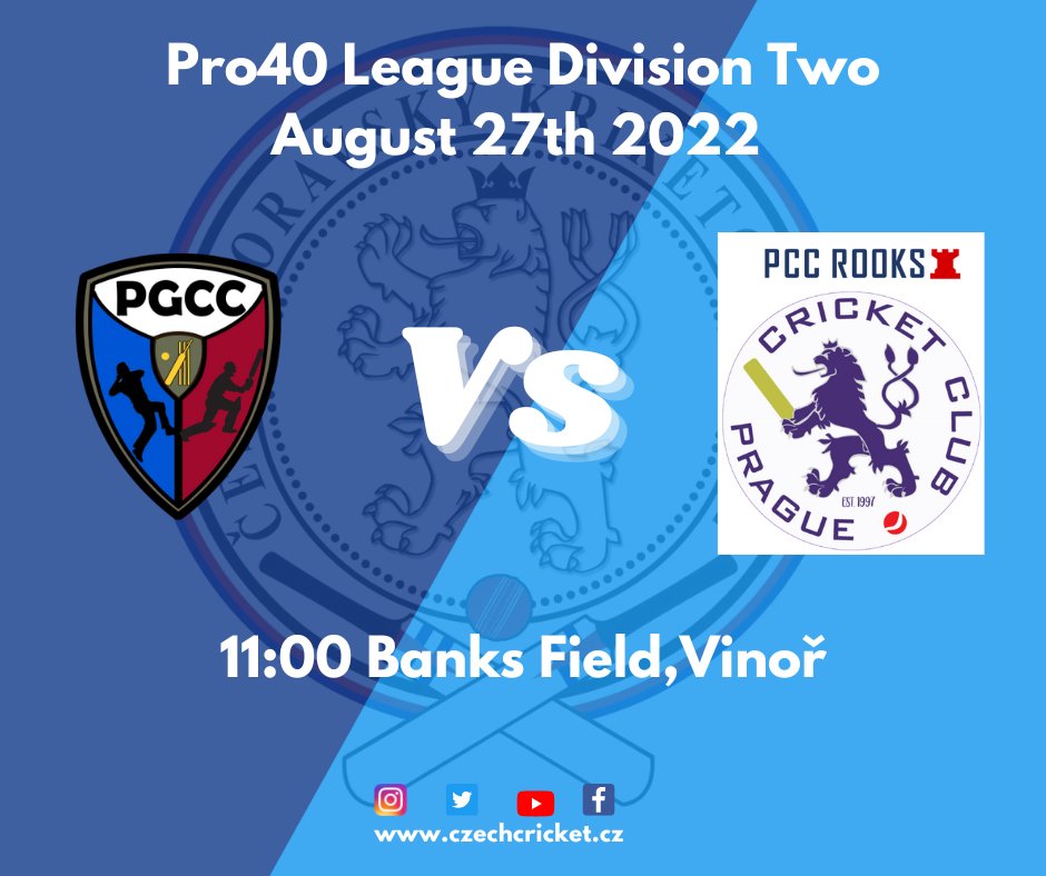 CzechCricket's tweet photo. Pro40 Division Two Fixture
Plzen Guardians CC vs PCC Rooks
11:00 AM, Banks Field, Vinoř
#czechcricket #DIV2 #Pro40 #czechrepublic https://t.co/QkXY0Nf9CF