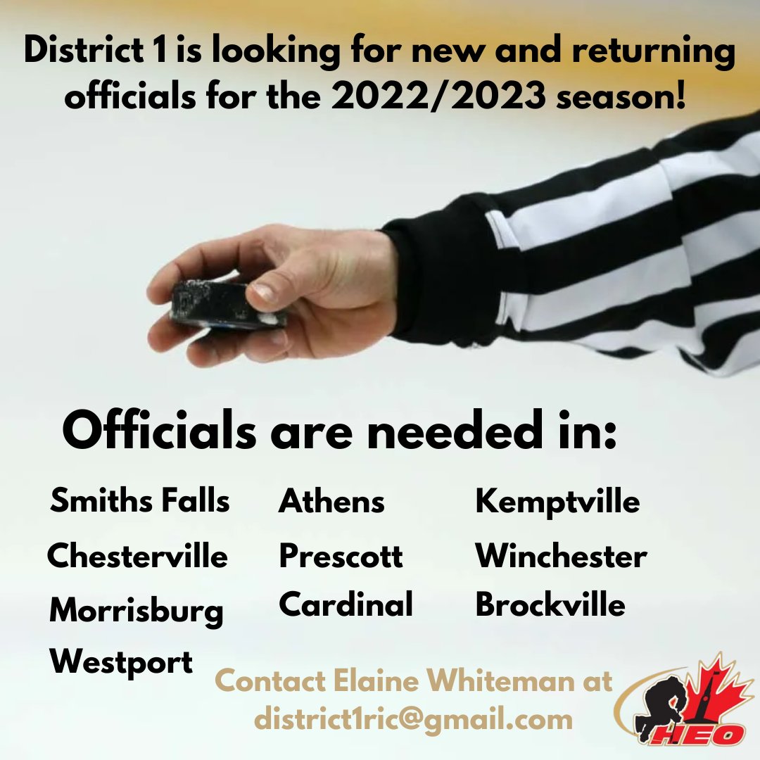 District 1 is looking for new and returning officials for this season! 

For more information, please contact Elaine Whiteman at district1ric@gmail.com