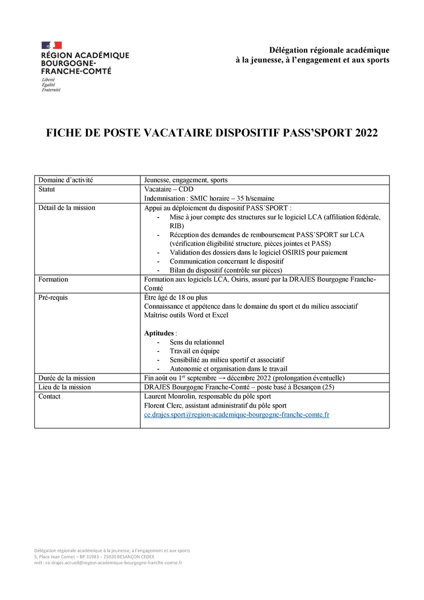 CROS_BFC's tweet photo. 🚨 𝐑𝐄𝐂𝐇𝐄𝐑𝐂𝐇𝐄 𝐕𝐀𝐂𝐀𝐓𝐀𝐈𝐑𝐄 | Retrouvez une fiche de poste de la Direction régionale académique à la jeunesse, à l'engagement et aux sports (DRAJES) pour le recrutement d'un vacataire - CDD « Dispositif Pass'Sport » à #Besançon. @RA_BFC #Emploi https://t.co/vFUvgylifB