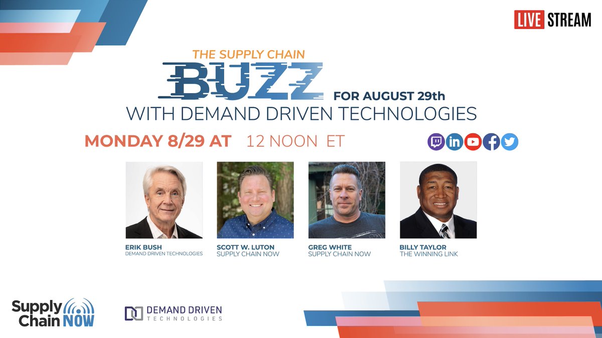 ddtechies's tweet photo. Tune into Supply Chain Now's livestream on 08/29 to discuss the top #supplychain news of the week with our CEO Erik Bush, Scott Luton, Greg White and Billy Taylor! 

Register here: https://t.co/lvwosCNMM4

#demanddriven #ddmrp #intuiflow #resilience #agility https://t.co/x1Q1HpsKhQ
