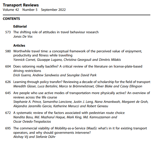 🚨 New issue alert!🚨
Have a look at the latest issue of Transport Reviews with great work on travel attitudes, travel time experience, driving restrictions, transport policy, physical activity, walking routes and MaaS:

tandfonline.com/toc/ttrv20/42/…

1/2