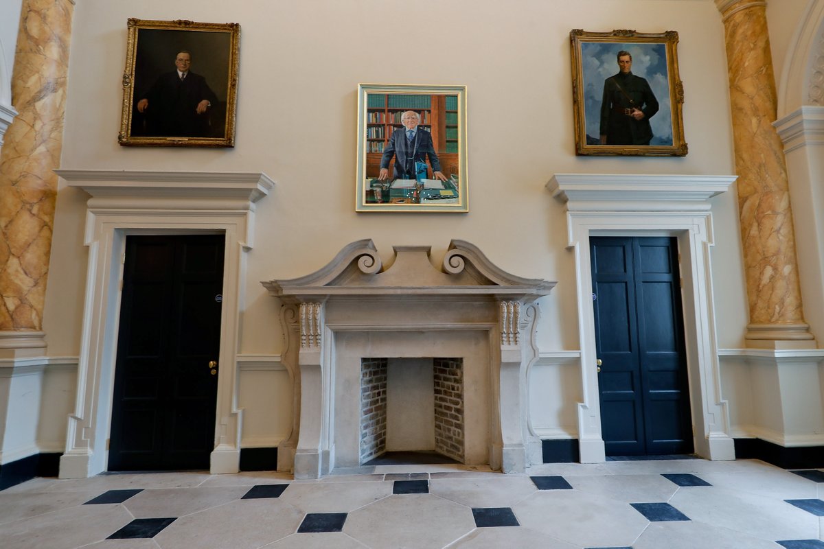 OireachtasNews's tweet photo. The Entrance Hall of Leinster House has remained largely unchanged from its 19th Century Georgian design. Portraits of Arthur Griffith, Michael Collins, Éamon de Valera, Cathal Brugha, William T. Cosgrave and of the current President are displayed on the walls #seeforyouself https://t.co/iw9eLk6It2