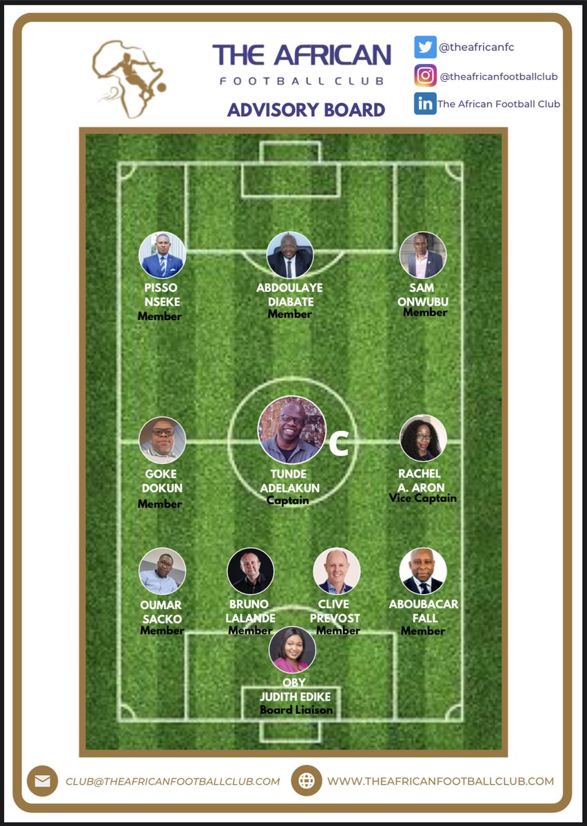 TheAfricanFC's tweet photo. We are a football club, and even though most of us can no longer go on a pitch and play, we can still evoke the spirit of a football team and show it in our Advisory Board. Club Captain @Tunde_Talks, @PissoNseke (left wing), @BrunoLALANDE in central defence...just a few examples. https://t.co/cXfAqm2JwF