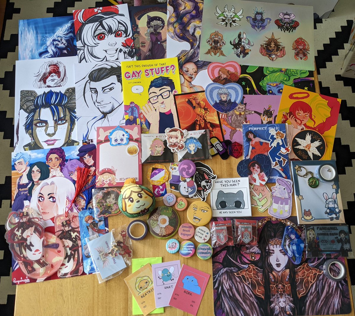 HermitPurpled's tweet photo. Back from kitacon which means it's time for con haul!!! I only bought from artists stalls this time and everyone was so lovely and wonderful to talk to!! There was so much FFXIV and genshin stuff so I was really spoilt for choice!!
Not included are things I bought for others! https://t.co/WBsvQnwv5O