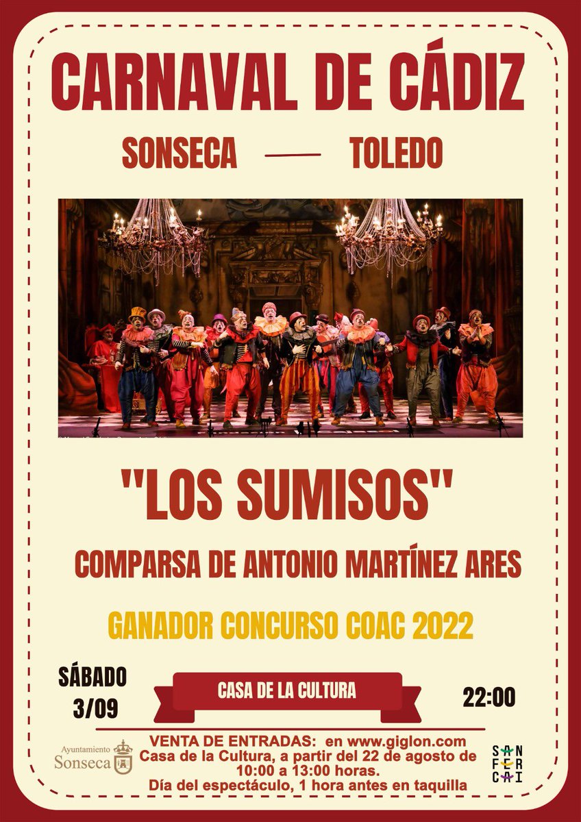 Juampe73's tweet photo. 🔴 Hoy 22/08/22 a comenzado la venta de entradas en en la Casa de la Cultura, de lunes a viernes de 10:00h. a 13:00h. 

También puedes conseguir tu entrada en https://t.co/aZKiVHHoCo

#cultura #ferias #fiestas #sonseca #toledo #musica #carnaval #lossumisos #baile #michaeljackson https://t.co/q6m5j54065