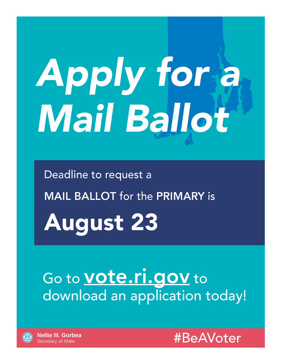 RISecState's tweet photo. Reminder: tomorrow (8/23) is the last day to apply for a mail ballot for the September 13 primary. Printed applications are available at your local library and at your city/town hall. https://t.co/4s79m28nnS