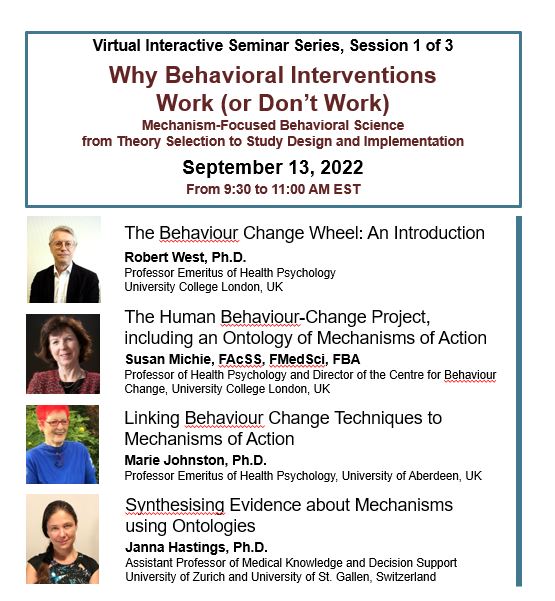 UCLBehaveChange's tweet photo. 📣Virtual Interactive Seminar!

The key to understanding successful behavior change are mechanisms. 'Why Behavioral Interventions Work (or Don’t Work)' with @SusanMichie, @robertjwest, @MarieJohnstonx, &amp; @JannaHastings 👇

Register now: https://t.co/QlCqTIgNko https://t.co/gqAHJxrgLl