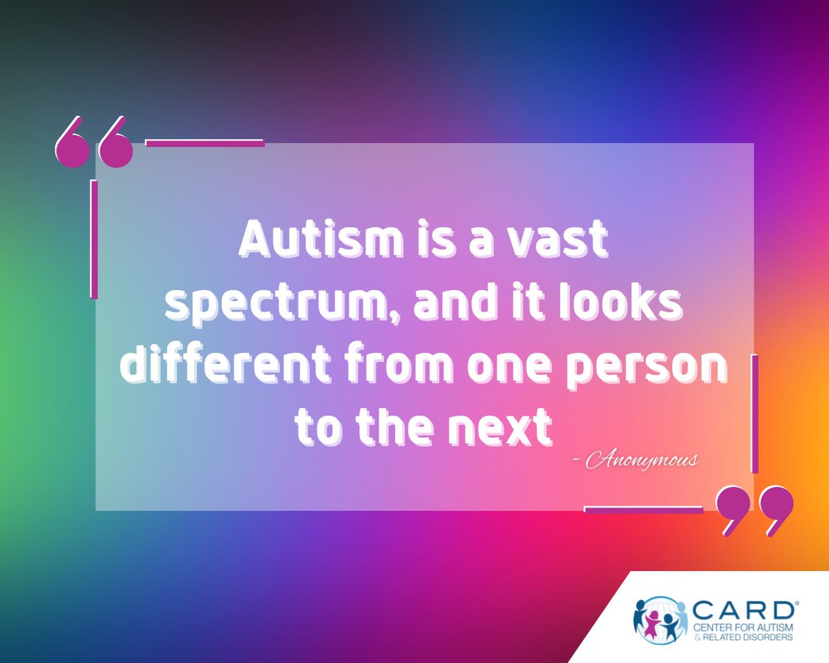 centerforautism's tweet photo. Some people might hear the word autism and forget that it is a spectrum; it's not a physical characteristic everyone on the spectrum will share. And people can be on either side of the spectrum and everywhere in between!

#Autism #AutismAwareness #CARD https://t.co/CNQuq9J1Ap