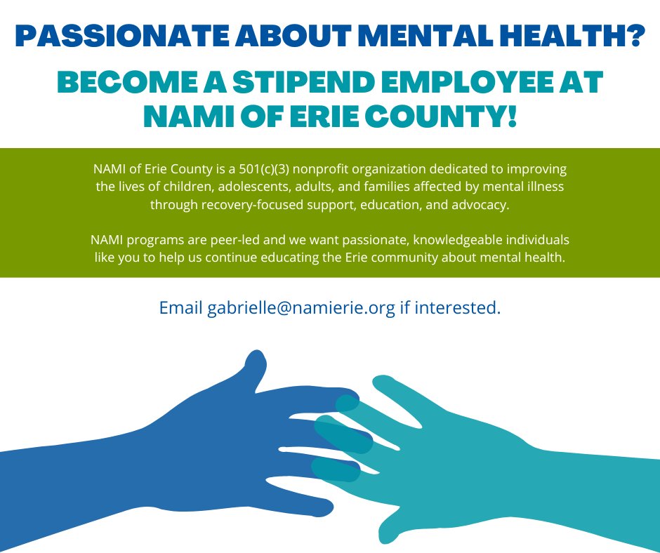 NAMIErie's tweet photo. Looking for a way to help the community? We are in need of stipend employees to facilitate programs and groups. We'd love to hear from you!  😀 

Just send an email to our Community Engagement Coordinator Gabrielle Montgomery at: gabrielle@NAMIErie.org https://t.co/1KroEuFNCn