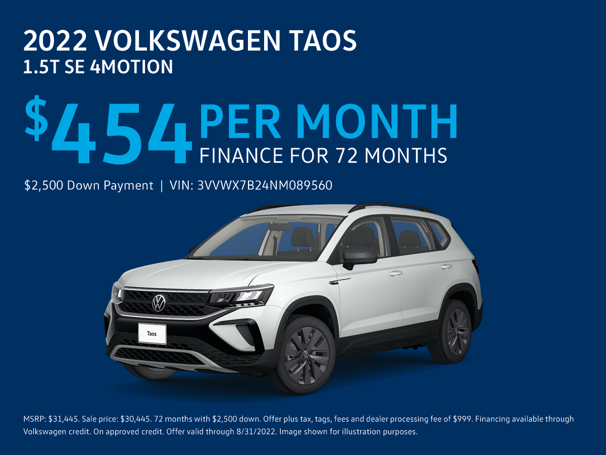 Ready for an auto-upgrade? Your friends at Brown's Richmond Volkswagen have got you covered! This brand-new 2022 Volkswagen Taos can be yours for only $454/month for 72 months! Visit our site to get started: bit.ly/3bZmoc2

*Offer Valid Through 8/31/22.