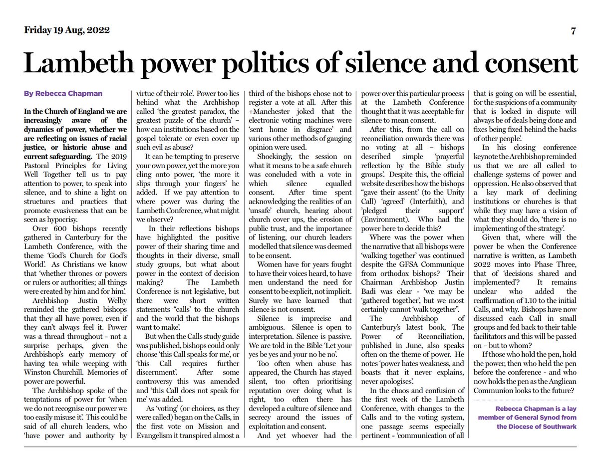 Power and politics, silence and consent, vision and implementation. 

What can we observe from <a href="/LambethConf/">Lambeth Conference Official</a>, the Anglican Communion, <a href="/churchofengland/">The Church of England</a>, and from @JustinWelby's new book? 👇

#LambethConference

churchnewspaper.com/86892/archives