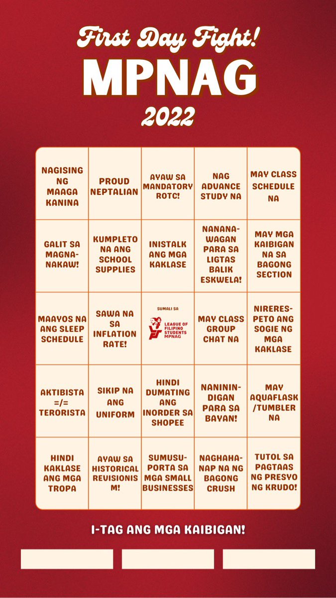LFS_MPNAG's tweet photo. SA LETRANG B, BAGONG SCHOOL YEAR NA NAMAN!

Ngayong tapos na ang first day back to school, anong katangian mo bilang Neptalian? I-bingo natin yarn 🤩

Maaring i-story o i-quote retweet ang inyong mga bingo cards and tag 3 of your bffs! 

#LigtasBalikEskwelaMPNAG
#JoinNDMOs https://t.co/aykLfxyQkM