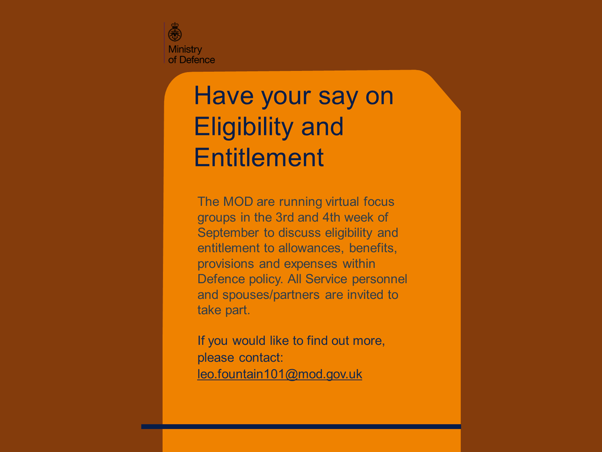 ArmyHIVEinfo's tweet photo. Have your say on Eligibility and Entitlement policy
During the 3rd and 4th week of September @DefenceHQ  will be holding virtual focus groups with Serving personnel &amp; families to discuss eligibility/entitlement to allowances and benefits within Defence policy
#armyhiveinfo https://t.co/Y7o1g9ORfq