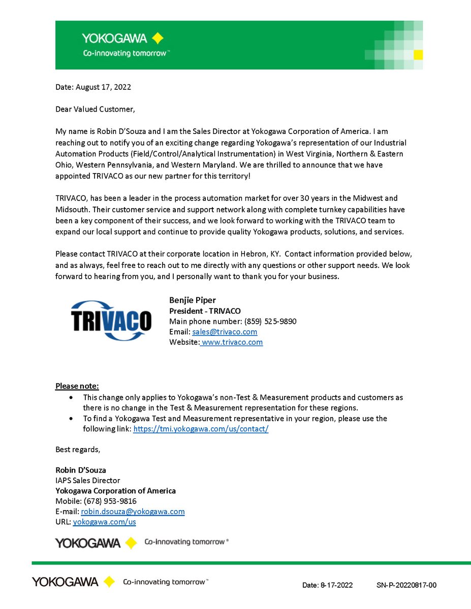 TRIVACO's tweet photo. TRIVACO is proud to be named the newly appointed rep for Yokogawa in Northern &amp; Eastern OH, Western PA, WV &amp; Western MD. Yokogawa is a leading manufacturer &amp; supplier of field instrumentation &amp; process control products for North America #yokogawa #transmitters #flowmeters #DCS https://t.co/fh5vk0kDQX