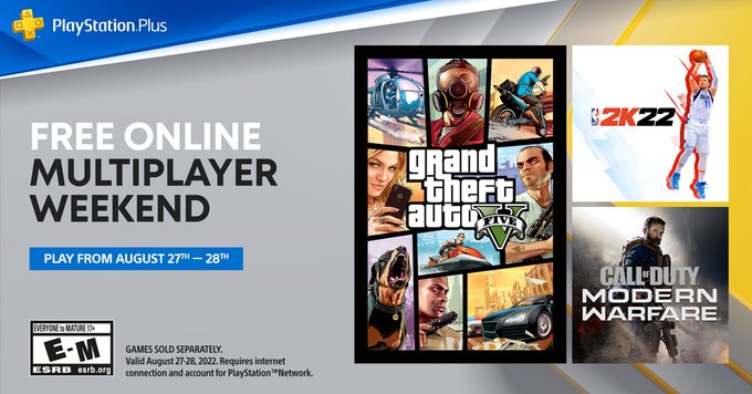 Image advertising Free Online Multiplayer Weekend, featuring the covers of Grand Theft Auto V, NBA 2K22, and Call of Duty Modern Warfare. 