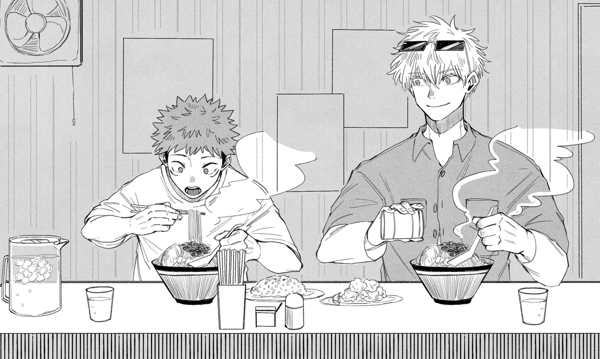 お題「大盛ラーメン食べる五悠・何かご飯を食べる五悠」
ありがとうございました!あのぬーすとに衣装は便乗しています。 