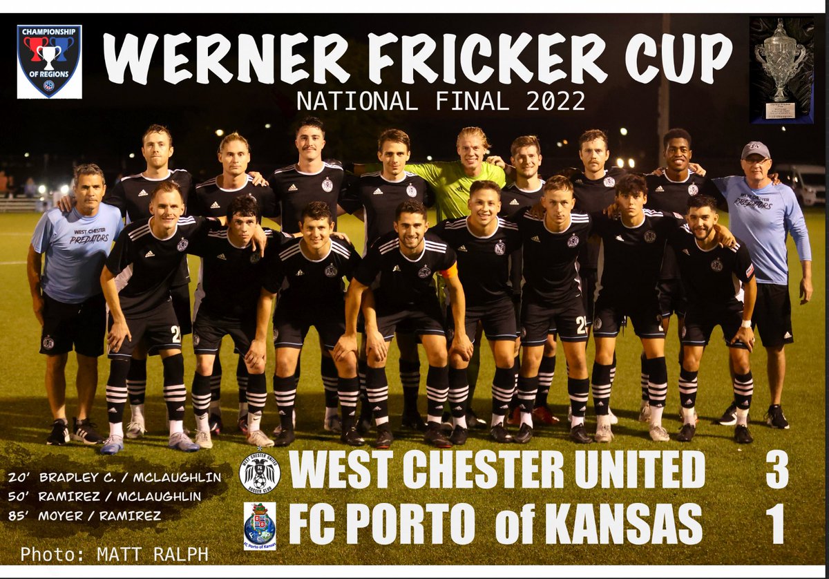 Werner Fricker Cup 2022 National Final Result. <a href="/WCUSCPredators/">West Chester United SC</a> 3 - 1  <a href="/FCPortoKansas/">Tony Almeida</a> ! NATIONAL Champions!!!! (2015 &amp; '22⭐️⭐️) <a href="/USASARegion1/">USASA Region I</a> <a href="/PennFusion_SA/">Penn Fusion SA</a> <a href="/USLPA/">United Soccer League of Pennsylvania</a> <a href="/USASARegion3/">USASA Region 3</a> <a href="/USASARegion2/">USASA Region II</a> <a href="/USLLeagueTwo/">USL League Two</a> <a href="/NPSLSoccer/">National Premier Soccer League (NPSL)</a> @MattRalph_tBG @BrotherlyGame