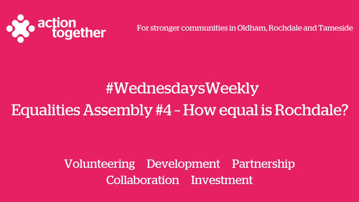 WeActTogether's tweet photo. How equal is #Rochdale?
Join us to hear what groups and decision makers think about inequality in the wake of the pandemic and contribute your own perspectives to ongoing efforts in #Rochdale π
https://t.co/8VQWvVwu6V
#EqualitiesAssembly #TogetherRochdale #WednesdayWeekly https://t.co/rpVq8VMx1M