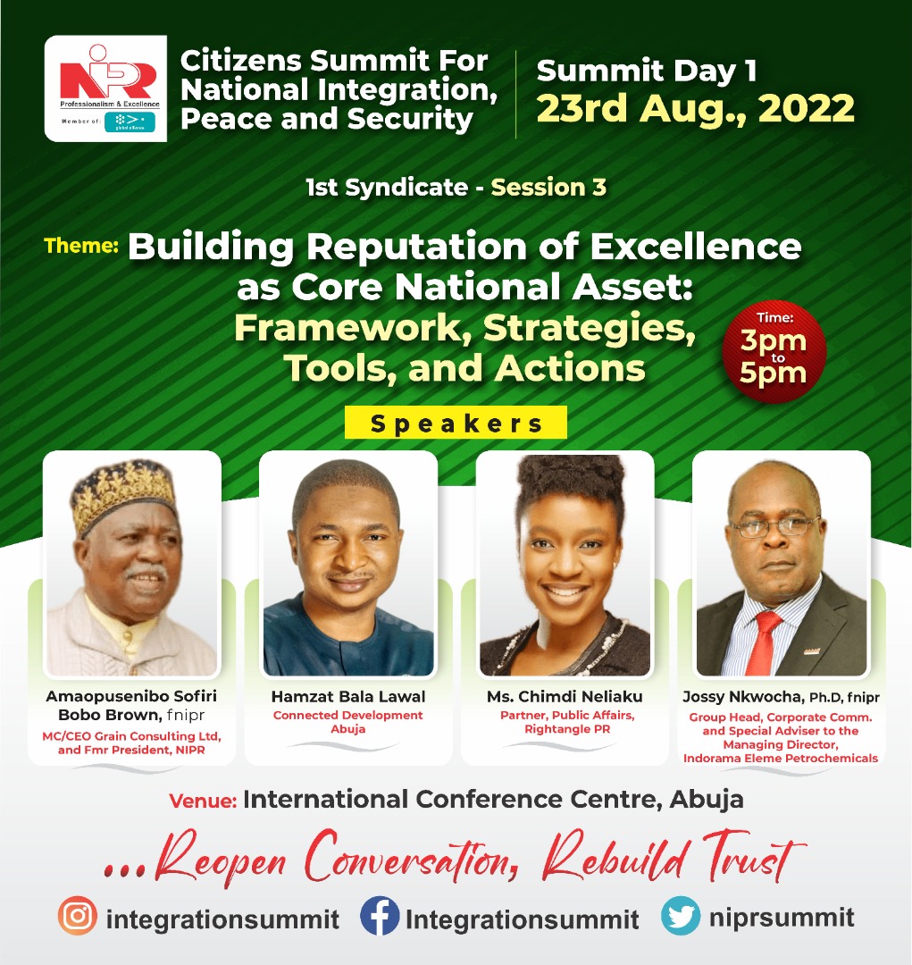 niprsummit's tweet photo. @niprHQ Citizens Summit Syndicate Sessions

Meet our panelists
Themes: 
1. Building Reputation of Excellence as Core National Asset: Framework, Strategies, Tools, and Actions

2. Give Us A Future: Youths Ask Nigeria

@HamzyCODE @chimdineliaku @Omojuwa @JossyNkwocha

#rebuildtrust https://t.co/1dpTXGS50Z