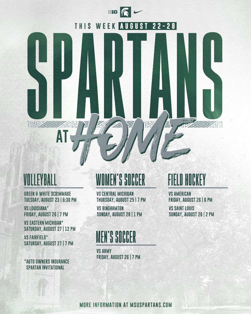 MSU_Athletics's tweet photo. Lots of action at home this week. 👀

#GoGreen https://t.co/mc8vtWTtHt