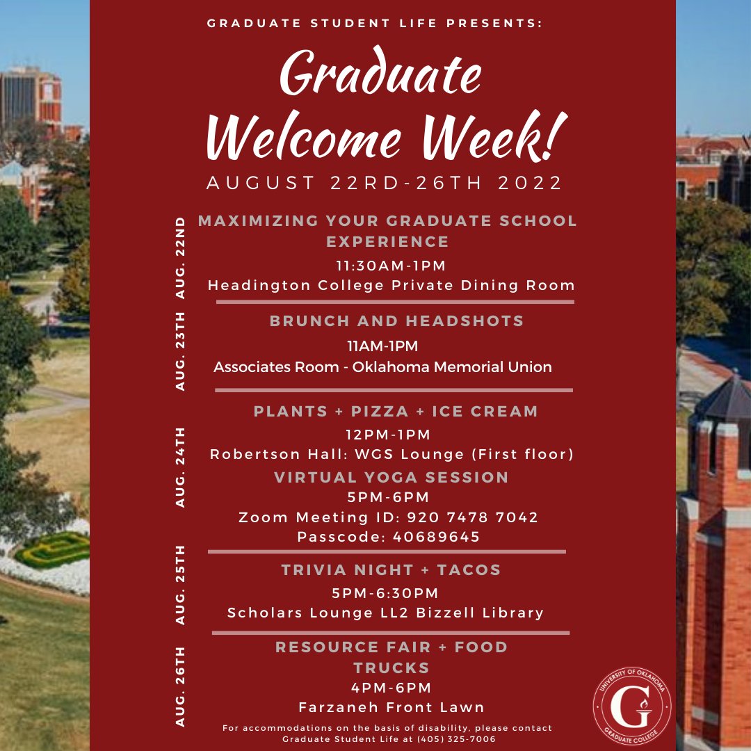 ou_gradcollege's tweet photo. First week of classes for Fall 2022 kicks off today with @UofOklahoma! Join Graduate Student Life for a week of welcome back events. 👇
#GoGrad #BoomerSooner https://t.co/m1j3KLnQ02