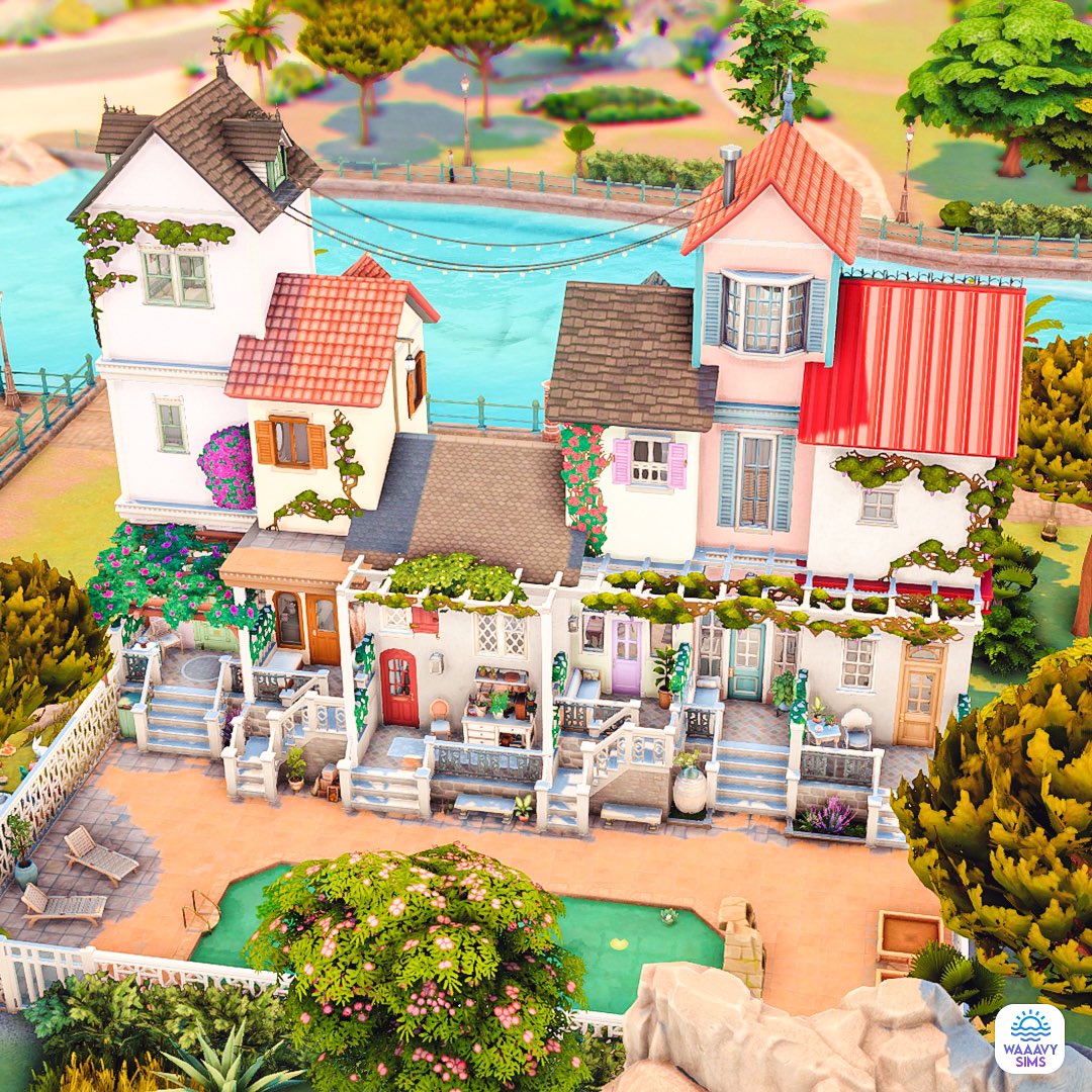 waaavysims's tweet photo. Here’s two more photos of the Terra Amorosa Townhomes! Each house has a little back porch to relax and leads down to the old pool🌴

 🌅 Gallery ID: miss_waaave 
#TS4 #ShowUsYourBuilds https://t.co/W4fx33NlP1