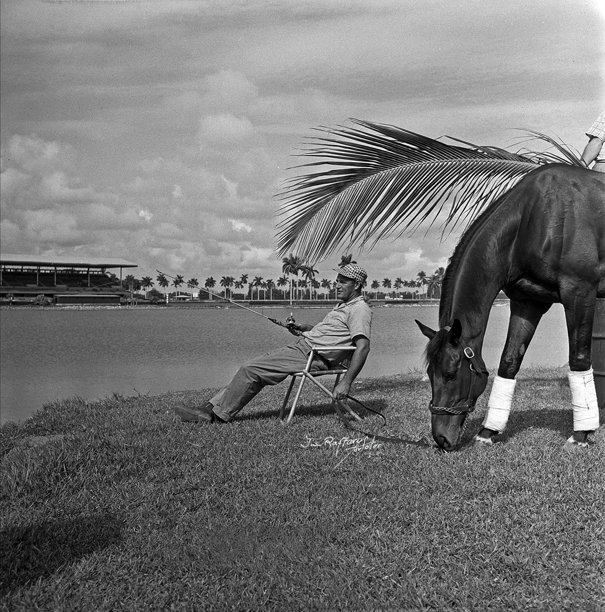 DRFLivingston's tweet photo. Gone fishin':

Trainer Bill Mitchell, fishing in the @GulfstreamPark infield pond, while his buddy What Sir hangs around. 1957. 

Another fun photo by Jim Raftery of Turfotos (no surprise!). https://t.co/cGxVQLctQy