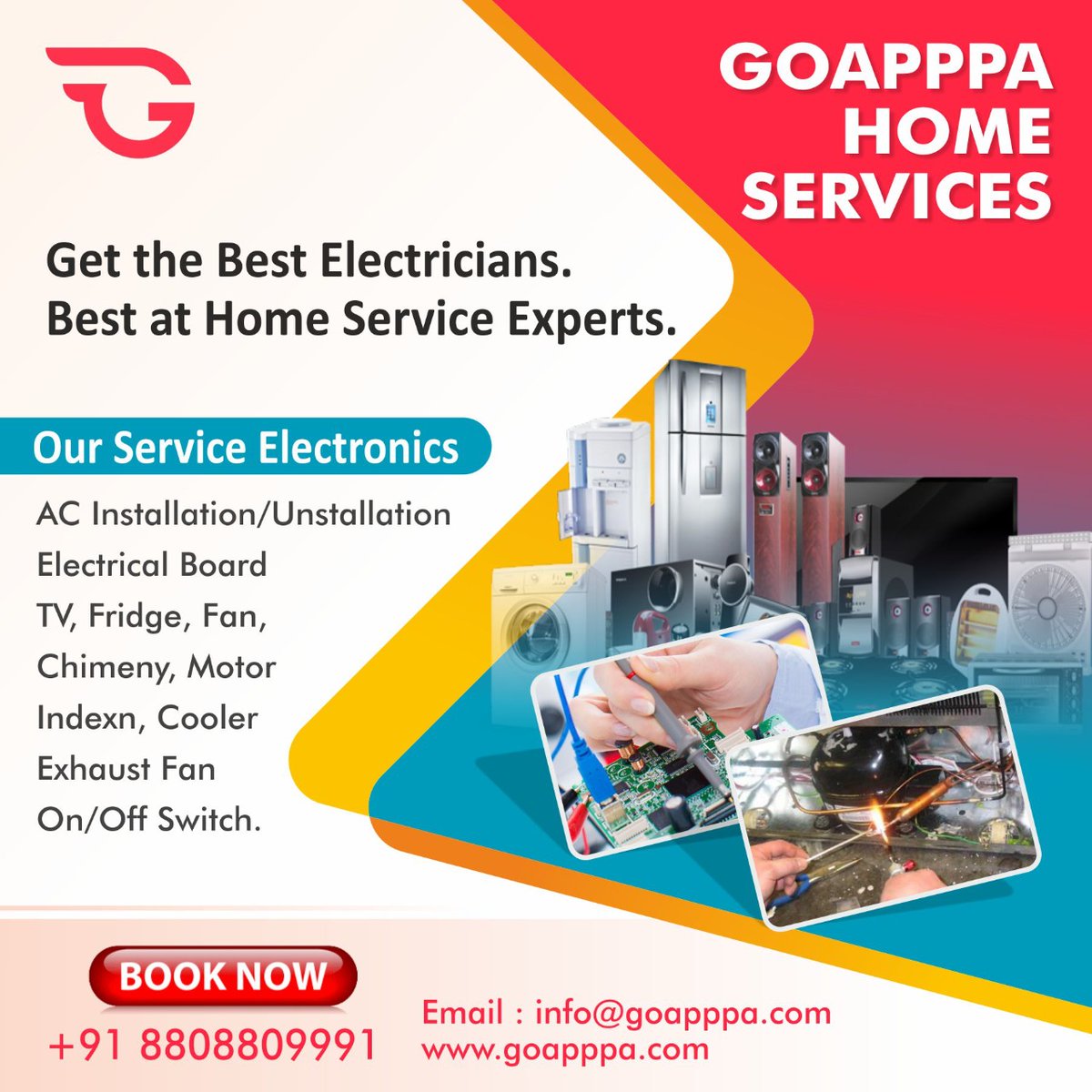 GoApppa's tweet photo. Get the best Electricians.
Best at Home Service Experts.
.
.
.
.
Make You appointment Today 🤳🤳🤳🤳
.
.
.
#BringHomeTheExperts
#celebratewithgoapppa #electricianlife #Electrician #electricity
#eletronicos #fridge #tv #exhaustfan #acinstallation #acuninstallation #cellingfan https://t.co/507WewwBL5