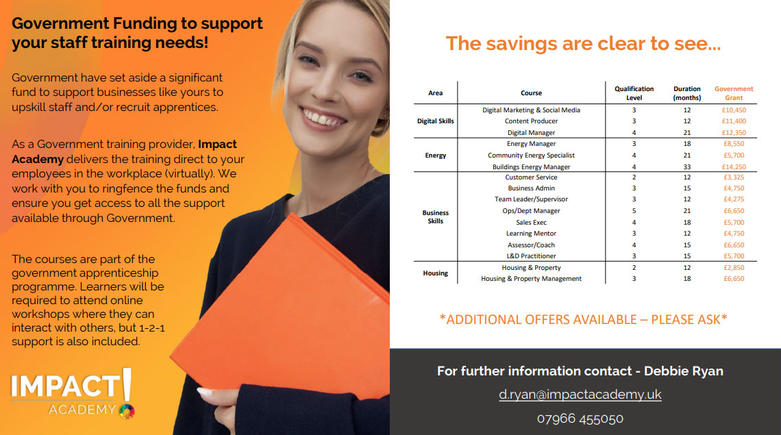 Don't Miss out on this opportunity to up skill staff! Investing in your workforce is always worth it!!

The government has subsidised 95% of the training costs of all our courses. so get in touch!!

#Training #Education #Apprenticeships #CPD #Funding #Courses