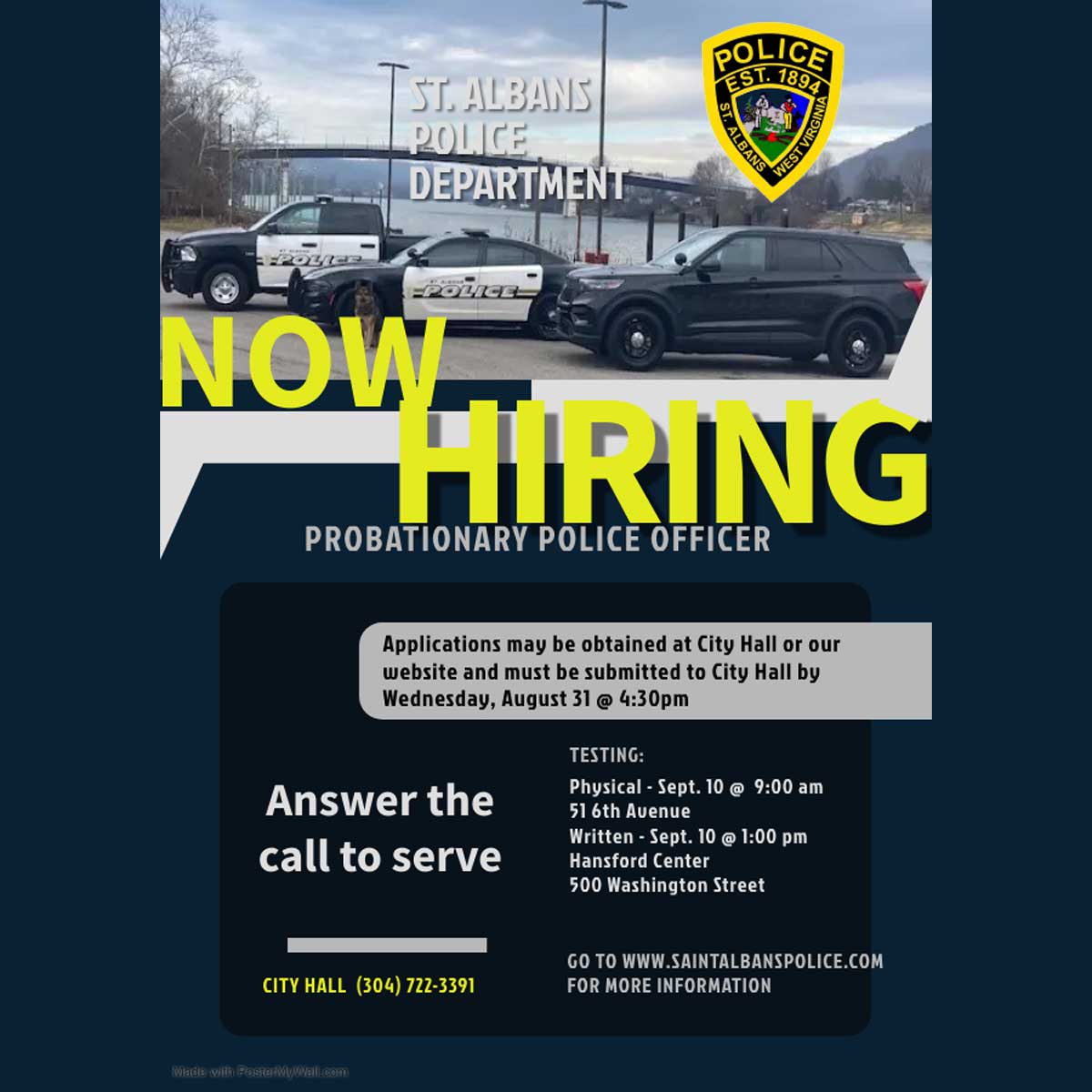StAlbansWVPD's tweet photo. ANSWER THE CALL TO SERVE...

Now Hiring Probationary Police Officers
✅ Excellent Starting Pay &amp; Benefits 

Applications Accepted Until August 31st

Written &amp; Physical Testing on September 10

👇CLICK FOR MORE DETAILS👇
https://t.co/x25Al2BizS https://t.co/ggn1ZIG2ZQ
