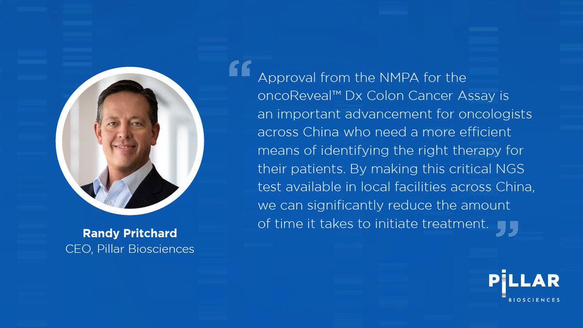 Pillar_Bio's tweet photo. We’re pleased to announce that China’s National Medical Products Administration (NMPA) has approved our oncoReveal™ Dx Colon Cancer Assay as a companion diagnostic. Learn more: https://t.co/ROxRmPp5fy https://t.co/vuuORYvYUQ