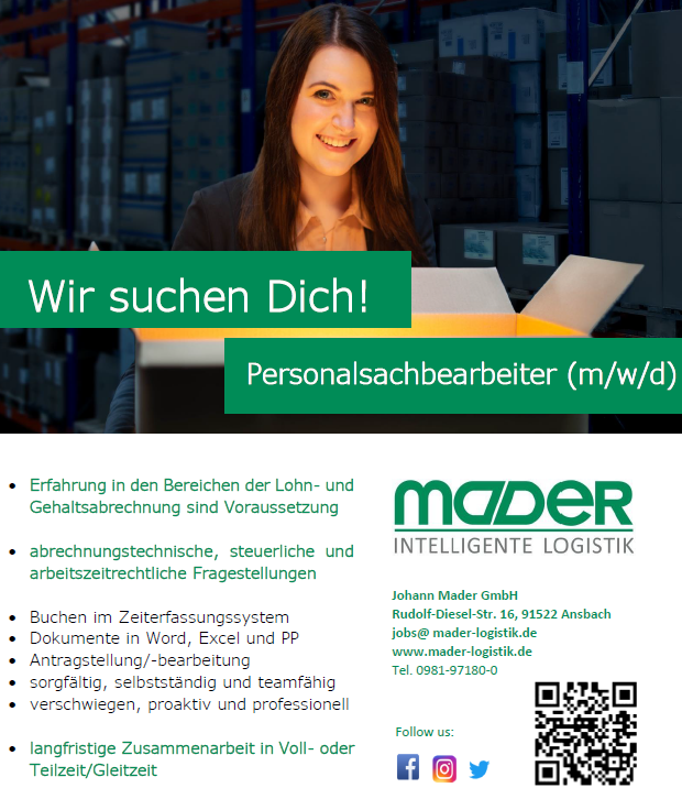 MaderLogistik's tweet photo. Wir suchen dich! Komm ins Team! 👋😃

Ab sofort! 🆕 

Personalsachbearbeiter (m/w/d) 

#maderlogistik #madermoment #business #job #lager #büro #intelligentelogistik #nürnberg #liken #stellenanzeige #komminsteam https://t.co/Xm7G6kSGkx