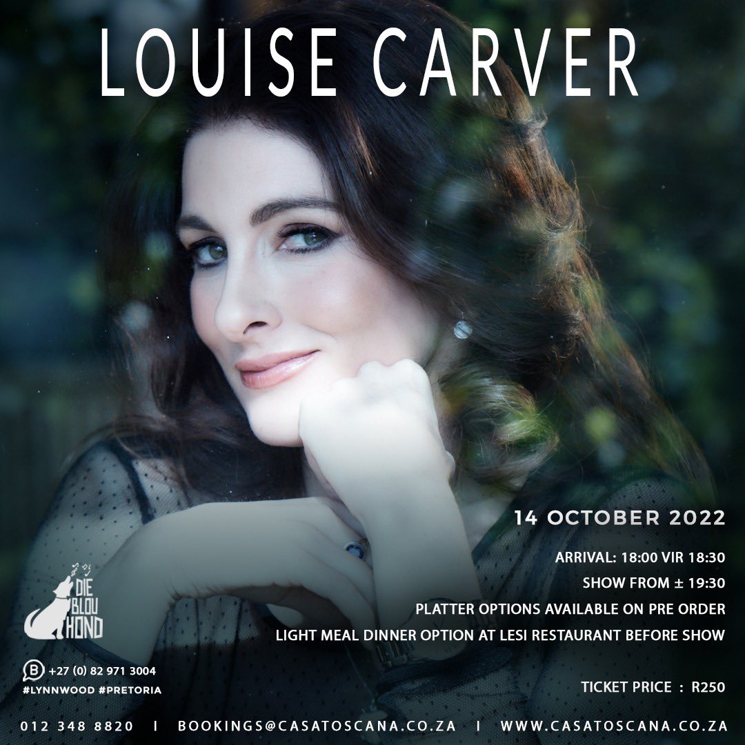 louisecarver's tweet photo. Announcing New Show: Pretoria ❤️
Date: 14 OCT 22
Friday Night 💃💃
Venue: Die Blou Hond, Lynnwood Pta
Such a gorgeous place.
Best to book asap x
.
#pretoria #showtime #timetosing #dieblouhond #spring #livemusic https://t.co/j2HI6N0naJ