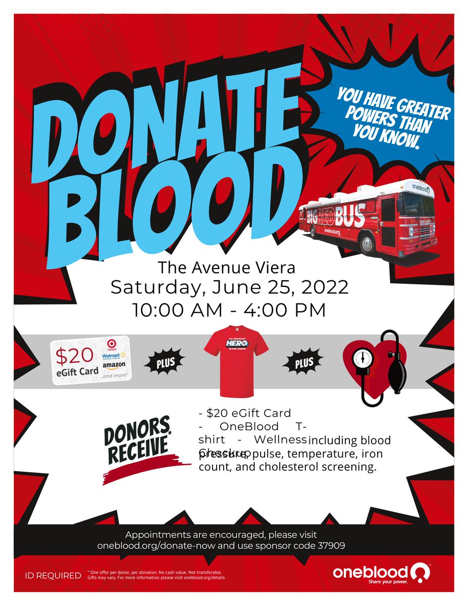 Visit us on Saturday, August 27th from 10 AM to 4 PM for a blood drive with #OneBlood. Donors will receive a $20 eGift card, a OneBlood Towel and a Wellness Checkup. 
Schedule your appointment:
🩸 bit.ly/3cawkzr
The BIG RED BUS will be outside AMC and Melting Pot.
#Viera