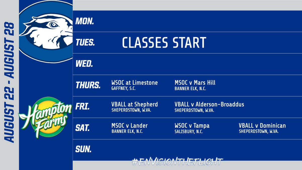 FIRST GAME WEEK!!! Presented by Hampton Farms
📚 Classes start on Tuesday
⚽ <a href="/ChowanWSOC/">Chowan Womens Soccer</a> at Limestone, v Tampa (Salisbury, N.C.)
⚽ <a href="/ChowanMSOC/">Chowan Men's Soccer</a> v Mars Hill (Shope Classic), v Lander (Shope Classic)
🏐 <a href="/ChowanVball/">Chowan Volleyball</a> at Shepherd, v ABU, v Dominican