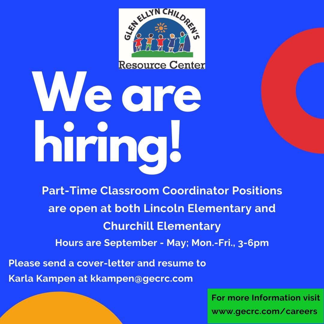 GlenEllynCRC's tweet photo. Looking for a rewarding part time job? Look no further! Join our growing team at GECRC! We are looking for classroom coordinators for our Lincoln and Churchill sites. Send a cover letter and resume to Karla Kampen at Kkampen@gecrc.com. https://t.co/dFVH6VC0fr