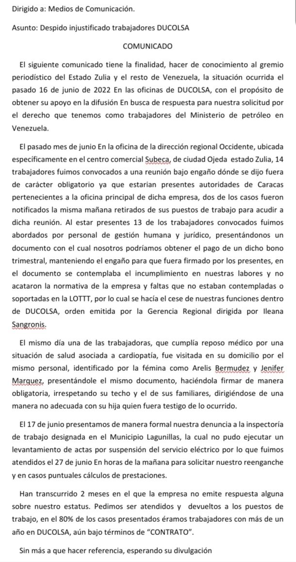 #Comunicado <a href="/TarekWiliamSaab/">Tarek William Saab</a> <a href="/TareckPSUV/">Tareck El Aissami</a> <a href="/JacquelinePSUV/">Jacqueline Faria</a> <a href="/MinpublicoVEN/">Ministerio Público venezolano</a> <a href="/mintrabajo/">Ministerio de Trabajo</a> <a href="/NicolasMaduro/">Nicolás Maduro</a>