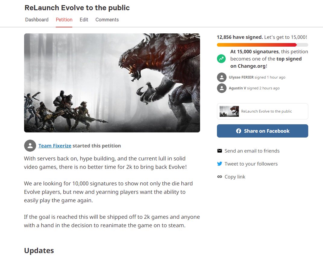 TeamFixerize's tweet photo. @2K  @TurtleRock  @Steam  @pcgamer 
Near 13k people agree. Evolve needs to exist openly again. https://t.co/ZpjWwDect2