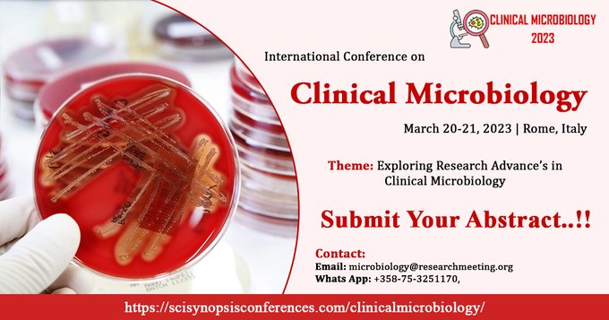 sylviamaddison8's tweet photo. Join with us in #Clinical #Microbiology #conference on March 20-21, 2023 at #Rome #italy. Enroll now!!! speakers slots left. Go through: https://t.co/XjJ1OChY20
#microbiology_events #microbiology_conferences #Rome_conferences #scisynopsis_conferences #scisynopsis https://t.co/1oN1I933j6