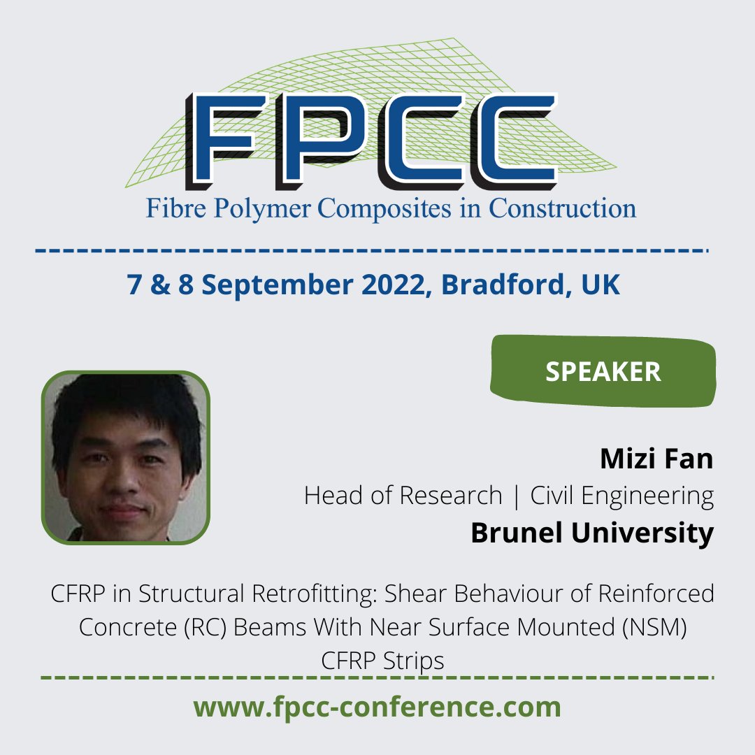 fpcc_conf's tweet photo. We are excited to be welcoming Mizi Fan from Brunel University to the programme for #fpcc22. Mizi will present CFRP in Structural Retrofitting: Shear Behaviour of Reinforced Concrete (RC) Beams With Near Surface Mounted (NSM) CFRP Strips. Register here: https://t.co/gyzgEUf7ul https://t.co/gdM2AL6lZu