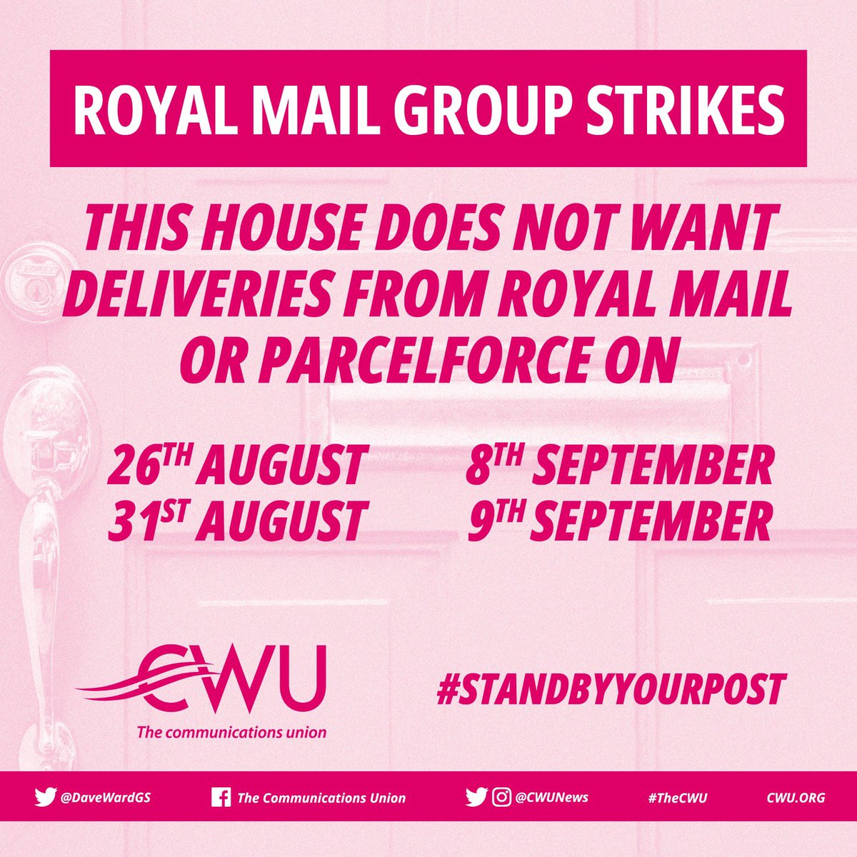 The support from the public to postal workers has been incredible. If you do not want mail from their strike breaking managers please print off this poster via the link and stick it on your door this Friday.

#StandByYourPost 

cwu.org/wp-content/upl…