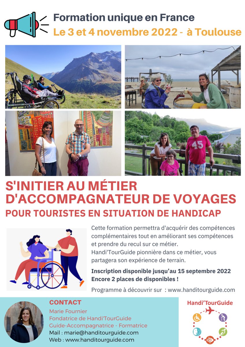 📢Dernière ligne droite pour s'inscrire à la formation : s'initier au métier d'accompagnateur de #voyages pour touristes en situation de #Handicap 
👉handitourguide.com
👉marie@handitourguide.com
Au plaisir de vous former à ce beau métier !
#tourisme #accessible #inclusion