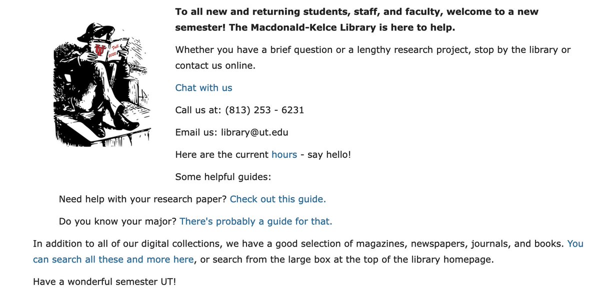 UTampaLibrary's tweet photo. Welcome to a new semester @UofTampa !
Stop by the Macdonald-Kelce Library or chat with us online.
🌴🌞
Links on the blog 👉 https://t.co/t4Elcd1ZiH
#utampa2022 #macdonaldkelcelibrary #utampa #mkl https://t.co/A2HSBfpKpz