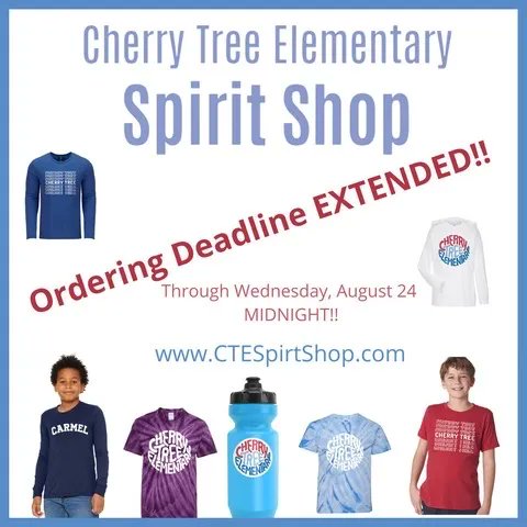 Spirit Wear ordering deadline is extended!! You have until Midnight on Wednesday, August 24 to place your order!!

buff.ly/3fSOP8g
